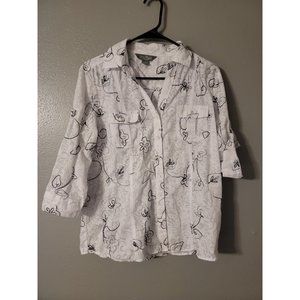 John Forsyth Chemisier White Floral 3/4 Roll Tab Sleeve Button Up Blouse Size L